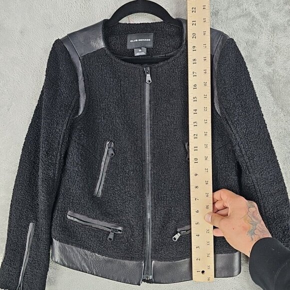 Club Monaco Motorcycle Jacket Womens 00 Black Wool Boucle Lambskin Leather Trim - Picture 5 of 8